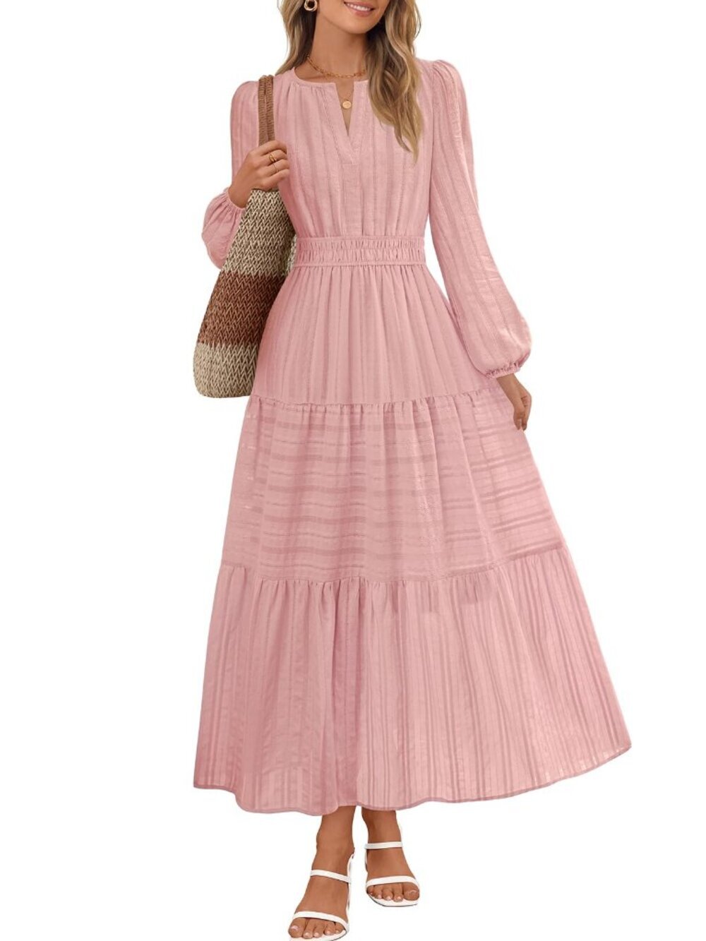 🆕 Fall Dresses for Women Long Sleeve Casual V Neck Tiered Cotton Midi Maxi